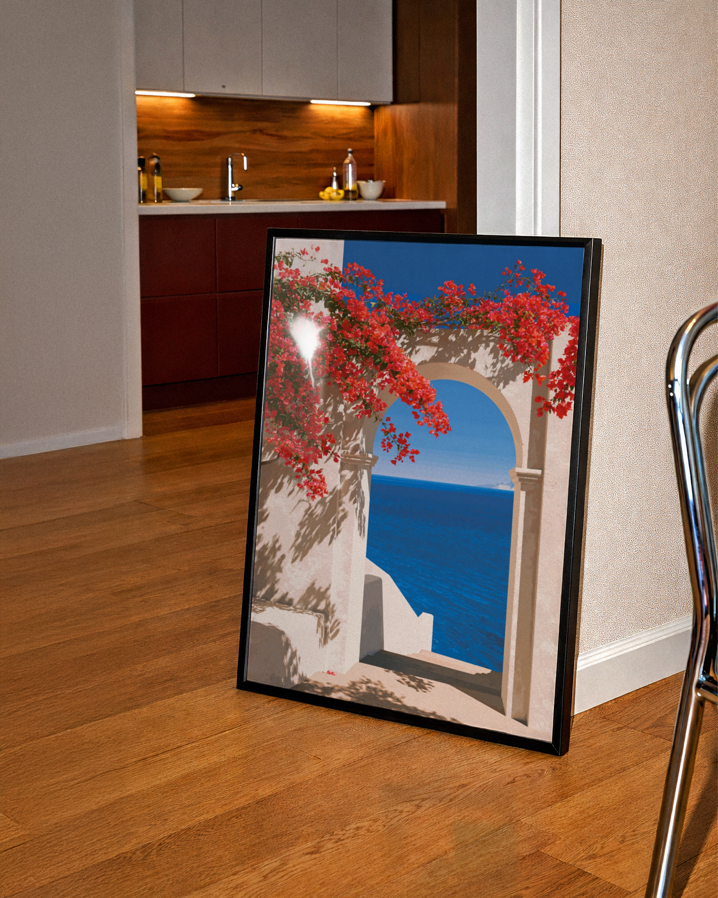 Mediterranean Arch Bougainvillea Poster, Coral Flowers Sea View Print
