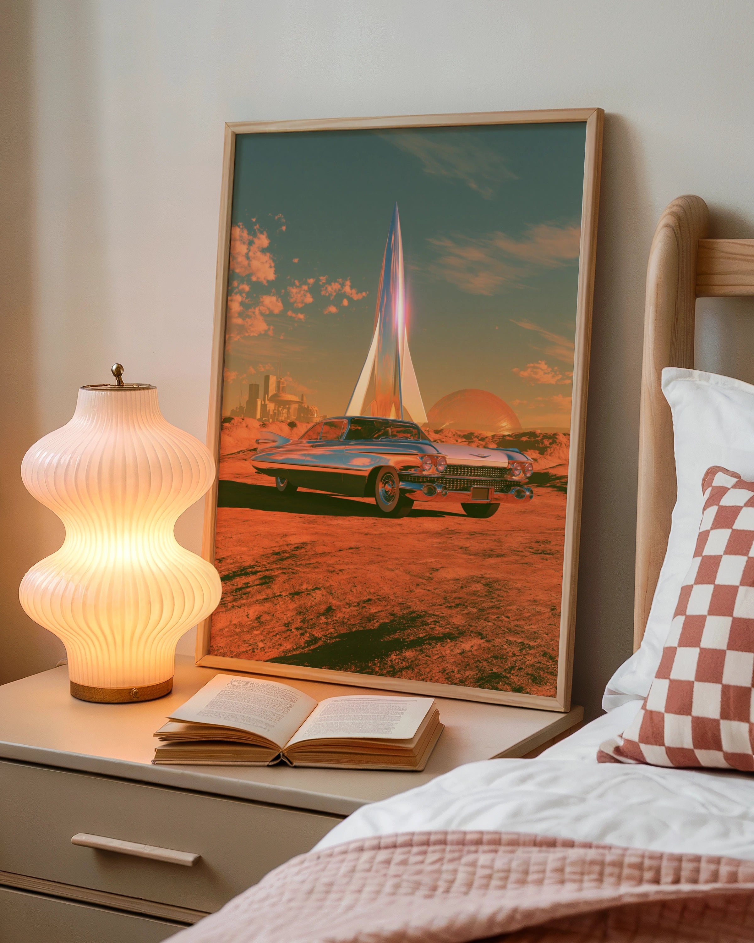 Retro Futuristic Car Planet Rocket Poster, Classic Cadillac Space Art Print