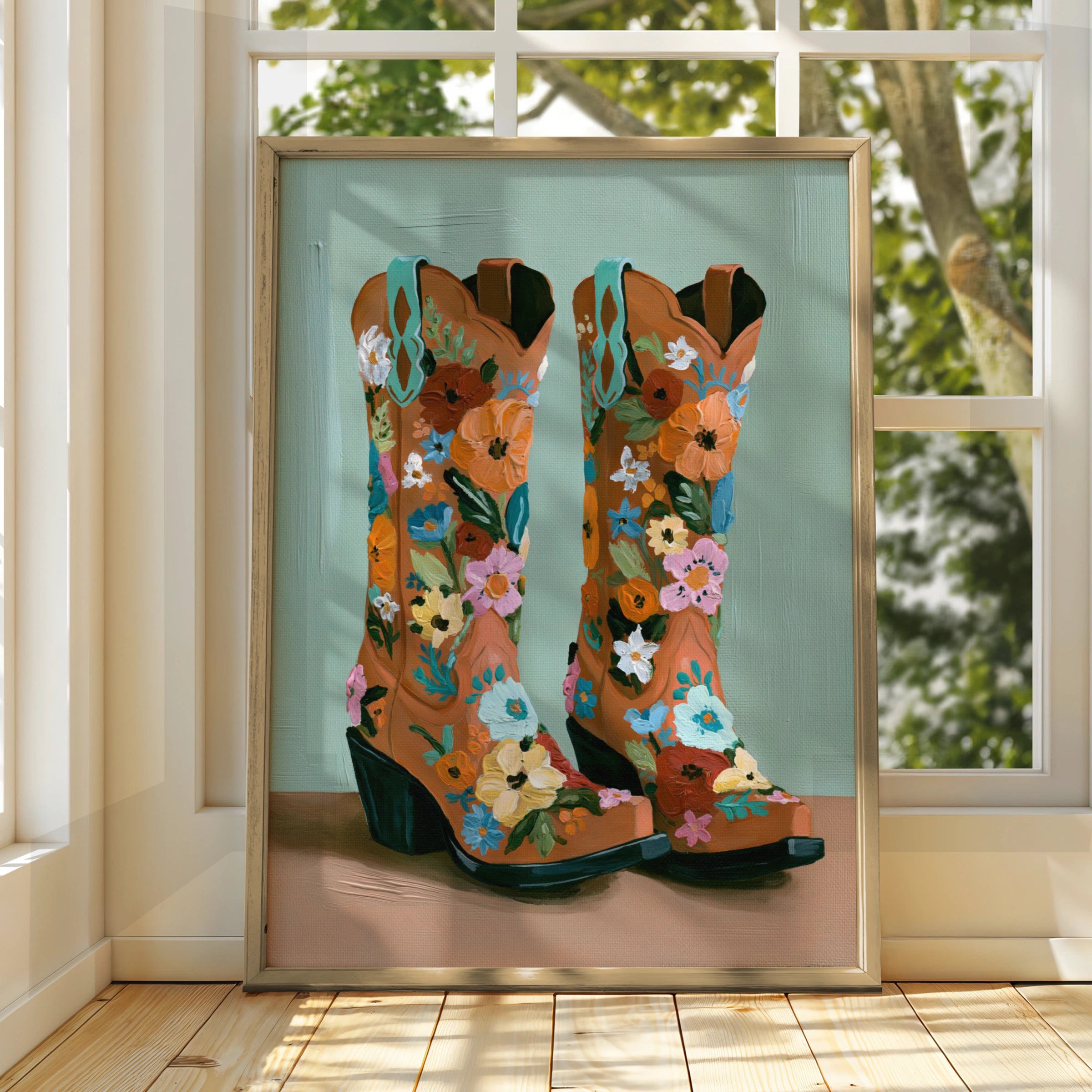 Floral Cowboy Boots Poster, Western Wall Art, Colourful Oil Painting Style Print