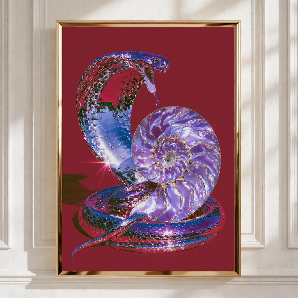 Chrome Cobra Nautilus Shell Poster, Red Purple Snake Wall Art Print