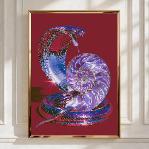 Chrome Cobra Nautilus Shell Poster, Red Purple Snake Wall Art Print