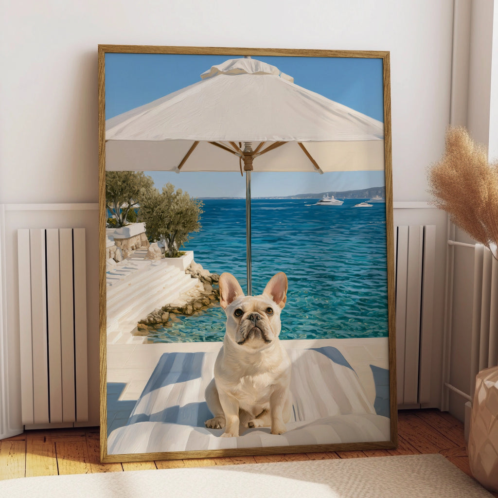 French Bulldog by the Sea, Wall Art Poster, Coastal Summer Print