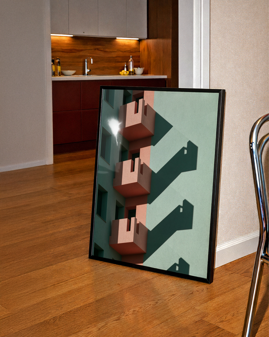 Architecture Balcony Shadow Poster, Pink Green Geometric Building Print, Minimalist