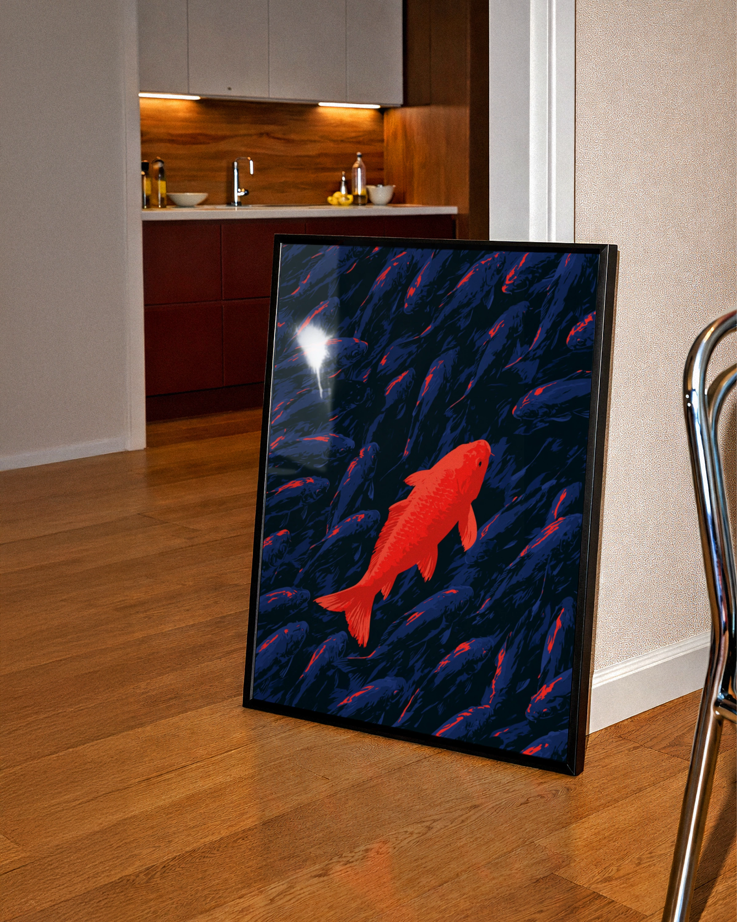 Red Koi Fish Poster, Stand Out Art Print, Bold Navy Blue Illustration