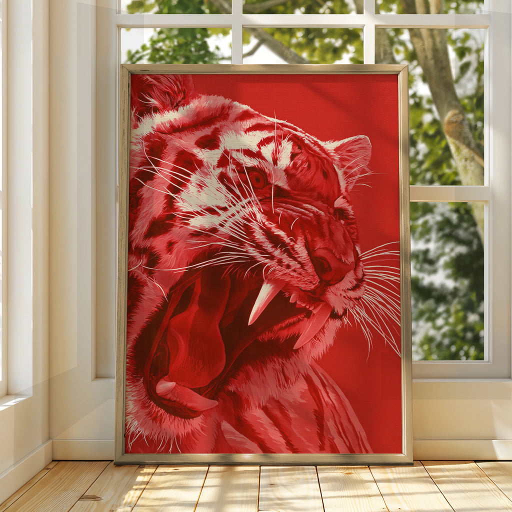 Red Tiger Growling Wall Art Poster, Bold Wildlife Print, Modern Animal Art