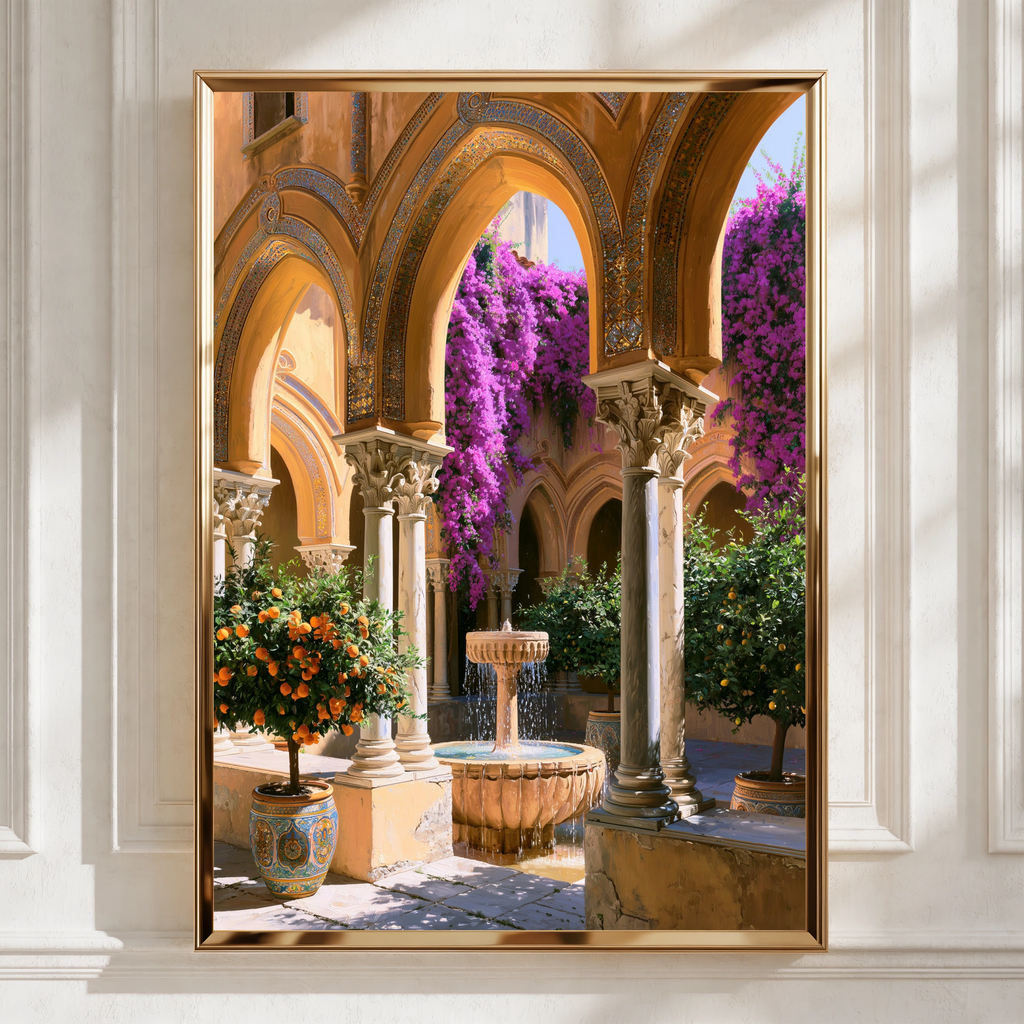 Sicilian Courtyard Mosaic Poster, Mediterranean Fountain Wall Art Print