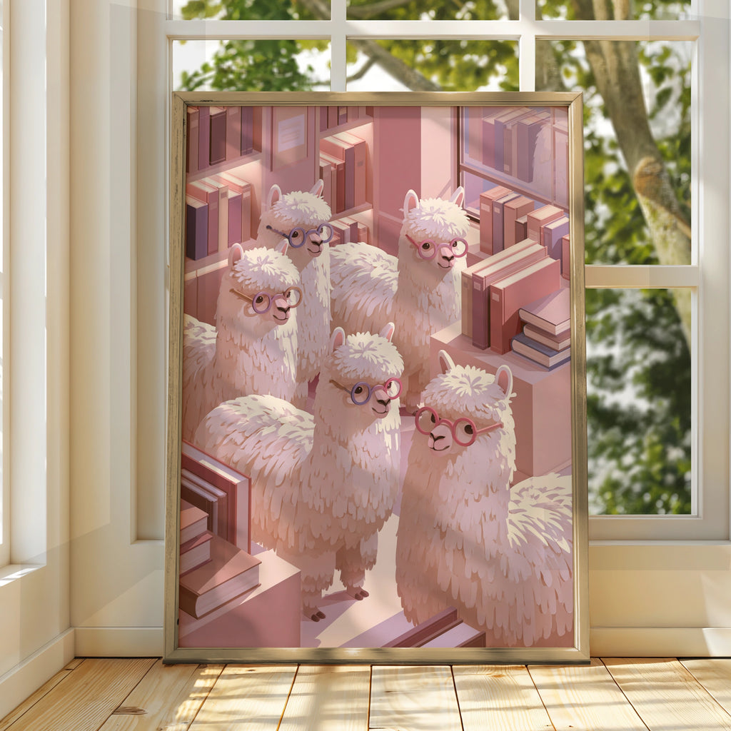Alpaca Library Poster, Cute Alpacas with Glasses, Pink Bookish Wall Art