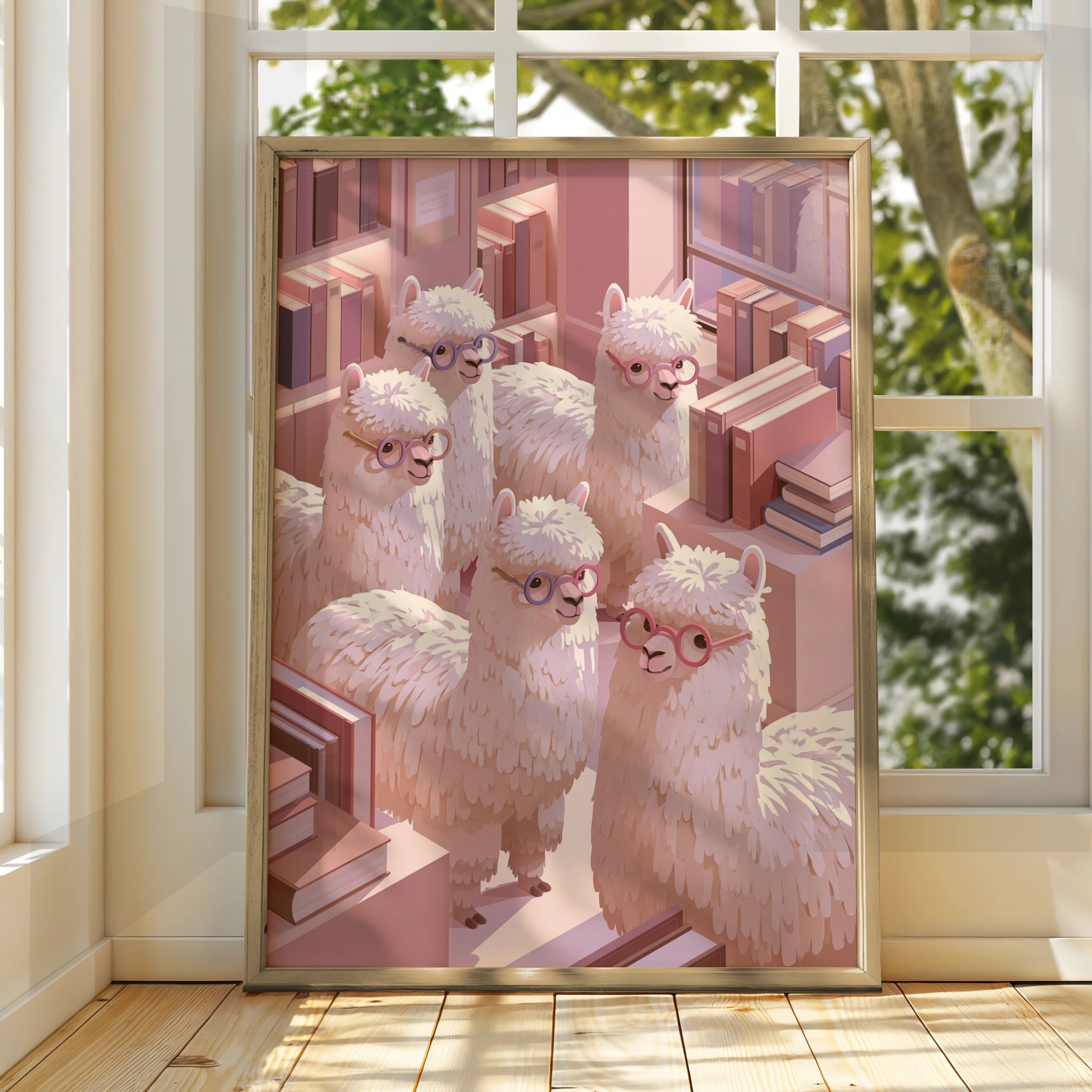 Alpaca Library Poster, Cute Alpacas with Glasses, Pink Bookish Wall Art