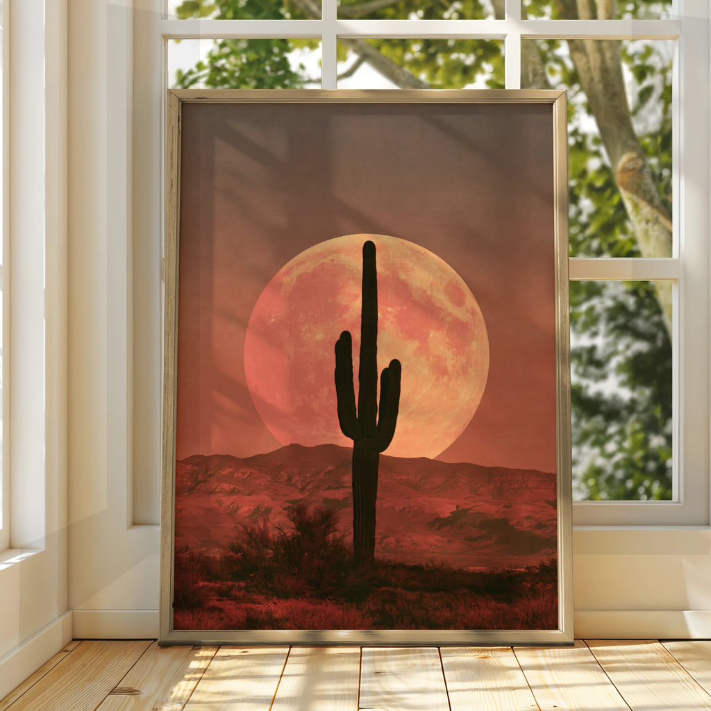 Cactus Boho Sunset Poster, Desert Moon Wall Art, Saguaro Silhouette Print