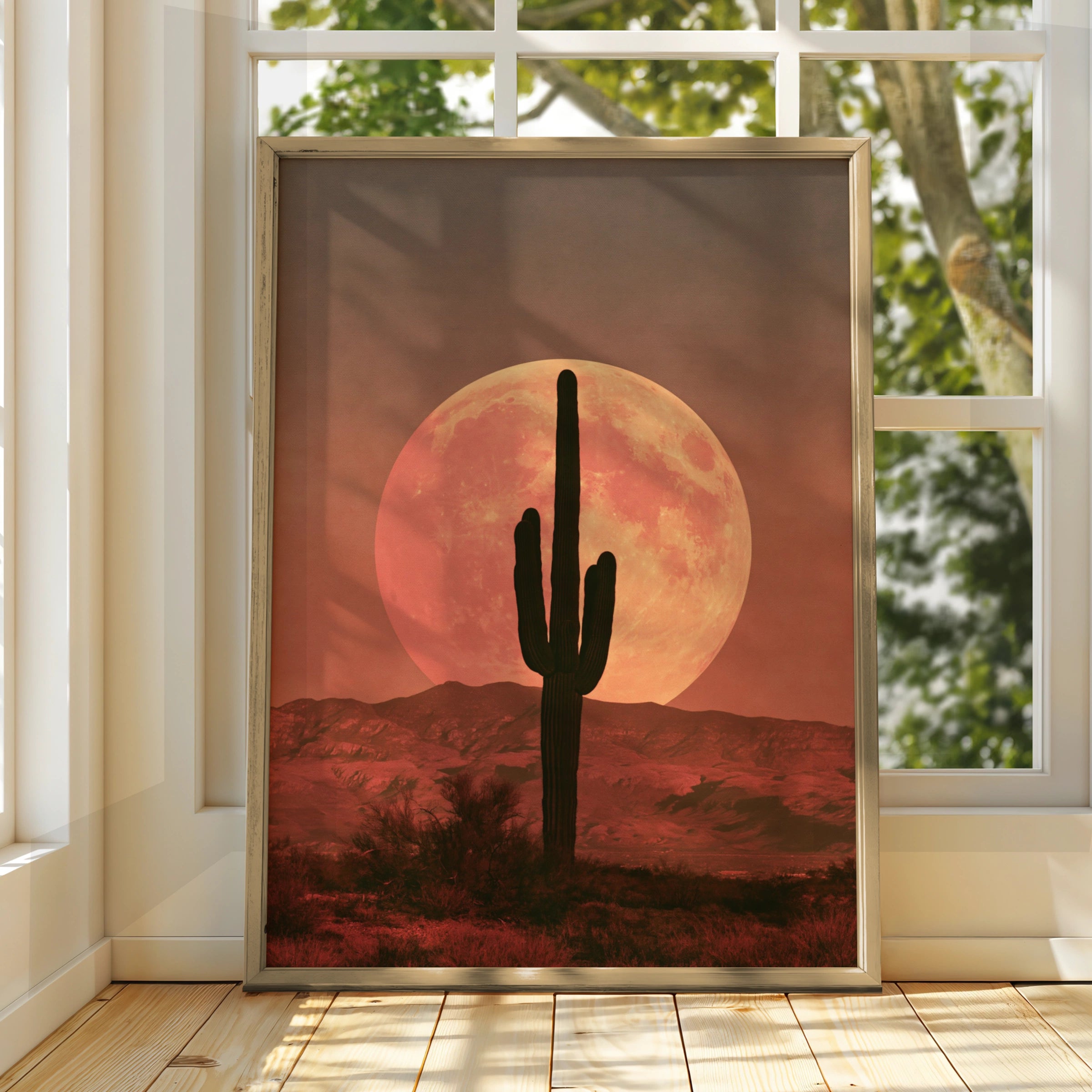 Cactus Boho Sunset Poster, Desert Moon Wall Art, Saguaro Silhouette Print