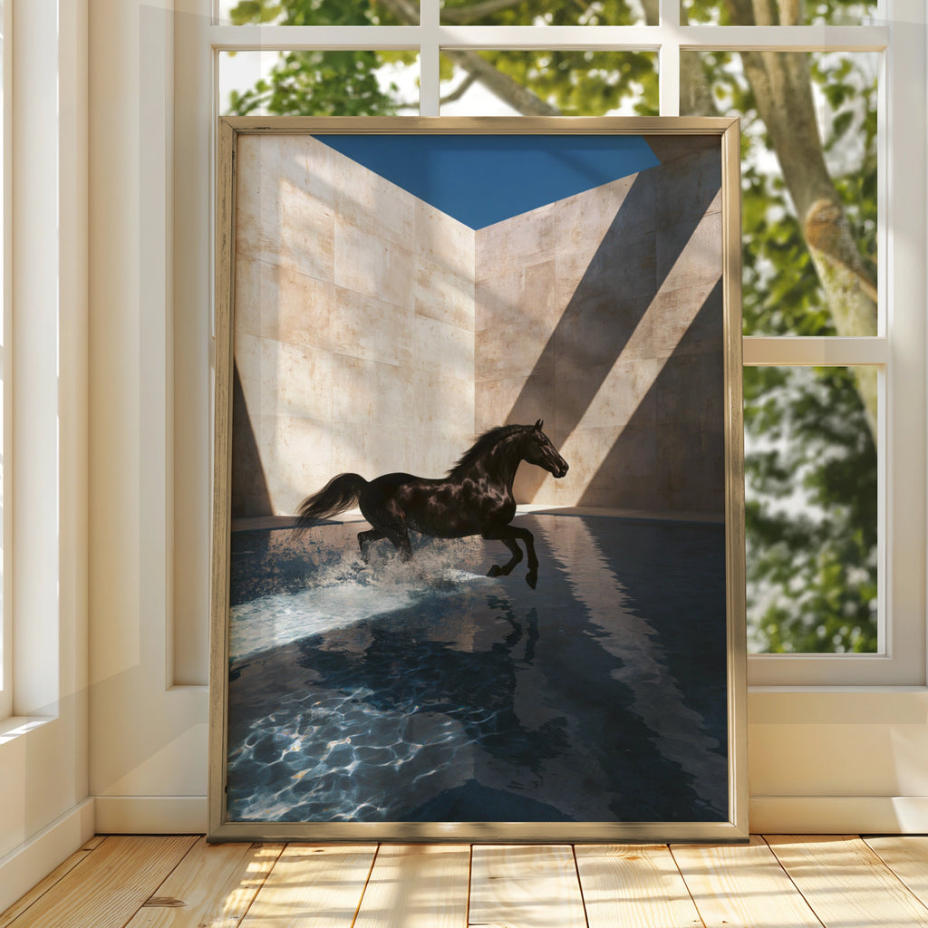 Black Horse Splashing Water, Wall Art Poster, Contemporary Photography Style