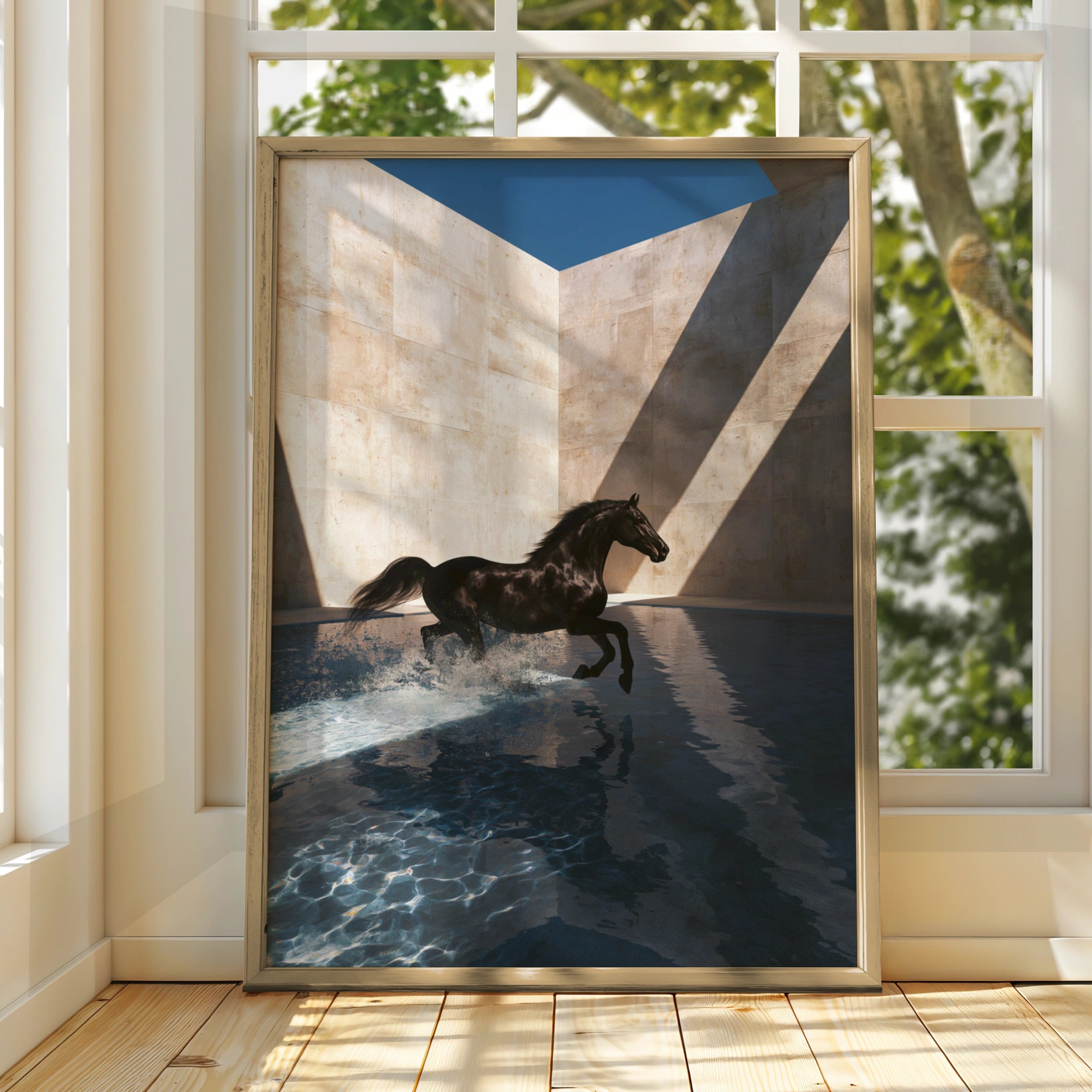 Black Horse Splashing Water, Wall Art Poster, Contemporary Photography Style