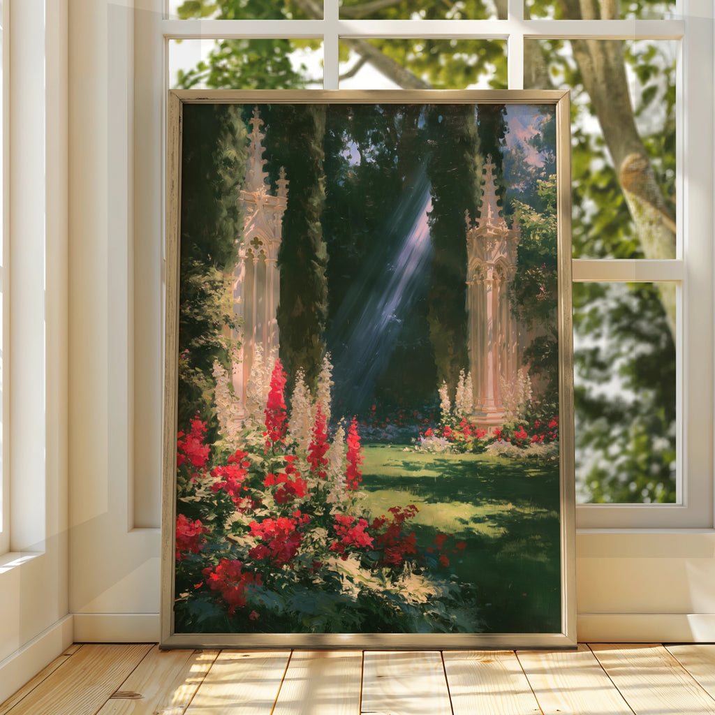 Gothic Garden Wall Art, Cypress Trees Sunlight Poster, Romantic Floral Print