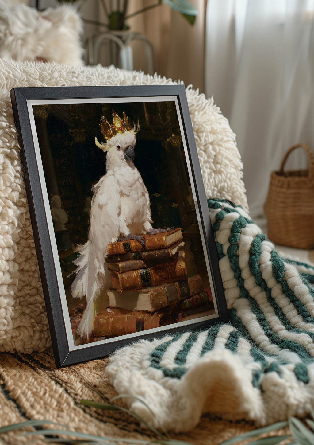 Crowned Cockatoo on Books Poster, Royal Bird Library Wall Art Print