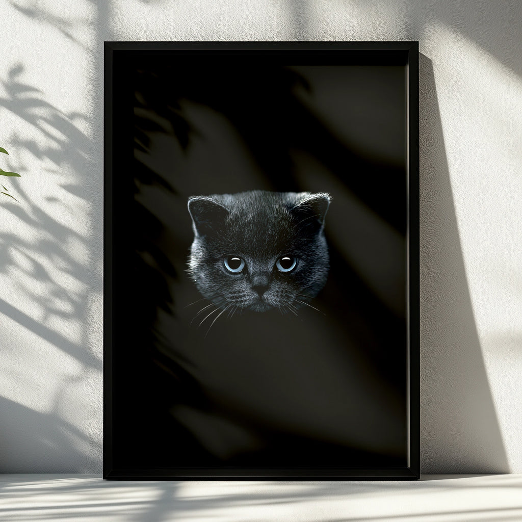 Black Kitten Blue Eyes Poster, Dark Moody Cat Wall Art Print