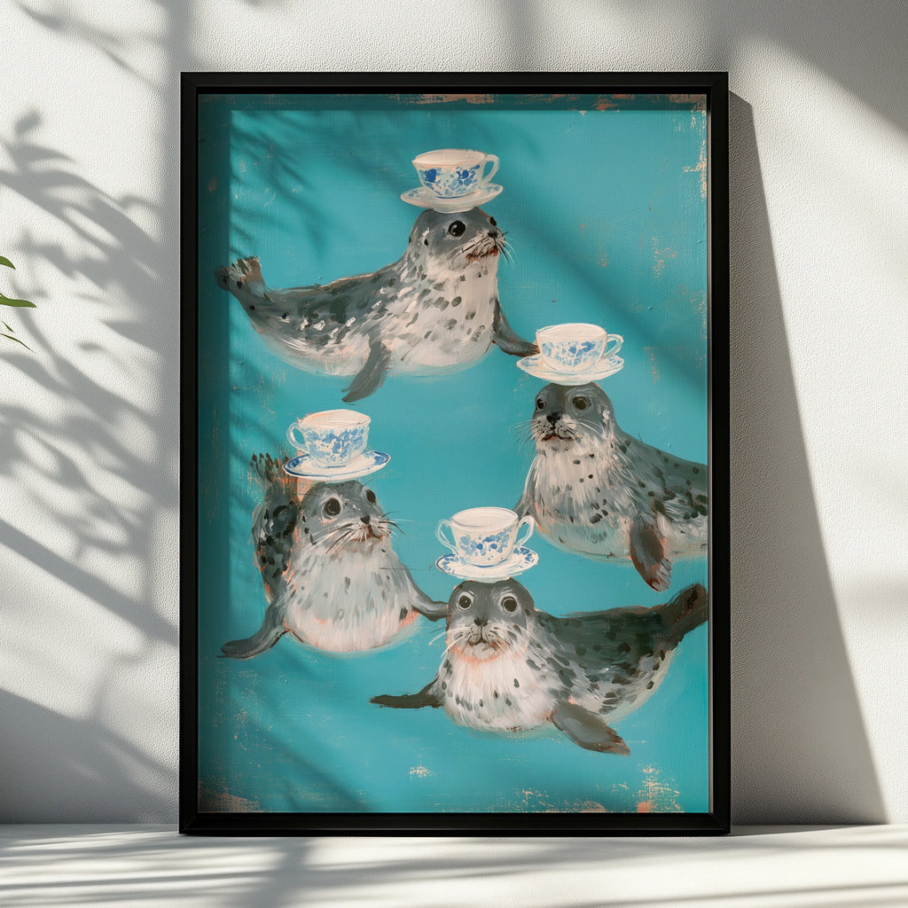 Seals Balancing Teacups Poster, Whimsical Animal Wall Art, Teal Illustrated Print