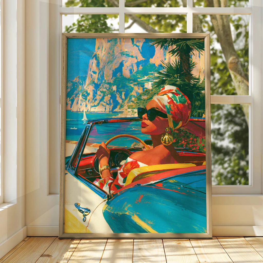 Woman in Convertible Car Coastal Italy Wall Art, Retro Travel Poster
