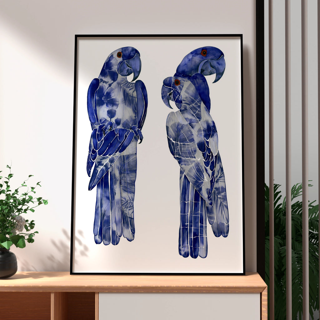 Blue Macaw Parrot Pair Poster, Indigo Tropical Bird Wall Art Print