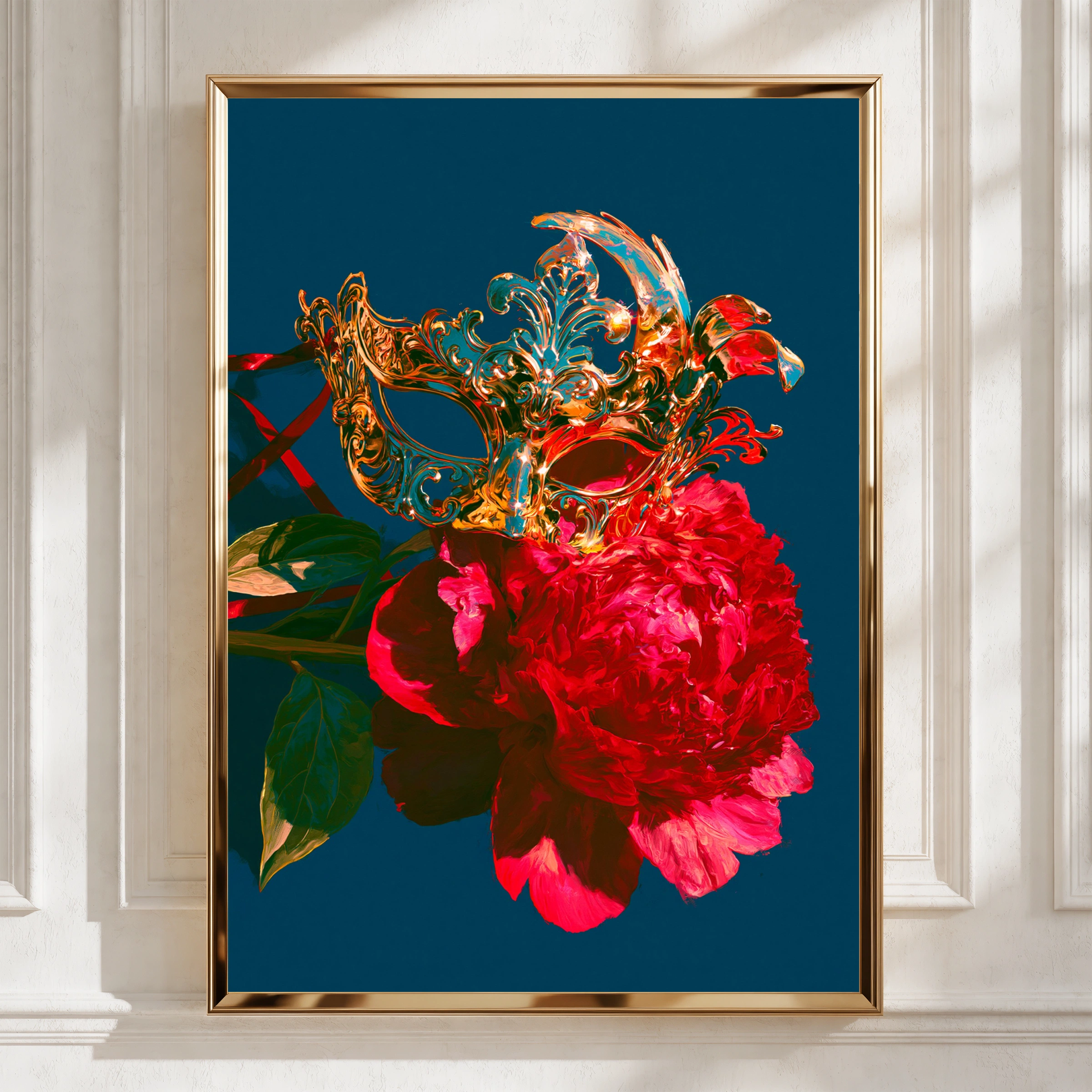 Venetian Mask Rose Wall Art Poster, Gold Masquerade Dark Floral Print