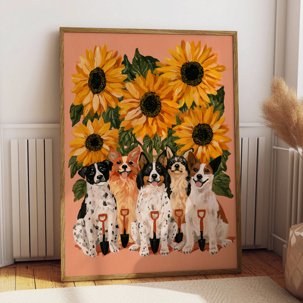 Dogs & Sunflowers Poster, Cute Dog Art Print, Floral Wall Art, Illustrated