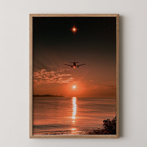 Plane Silhouette Sunset Beach Poster, Starry Sky Ocean Wall Art Print