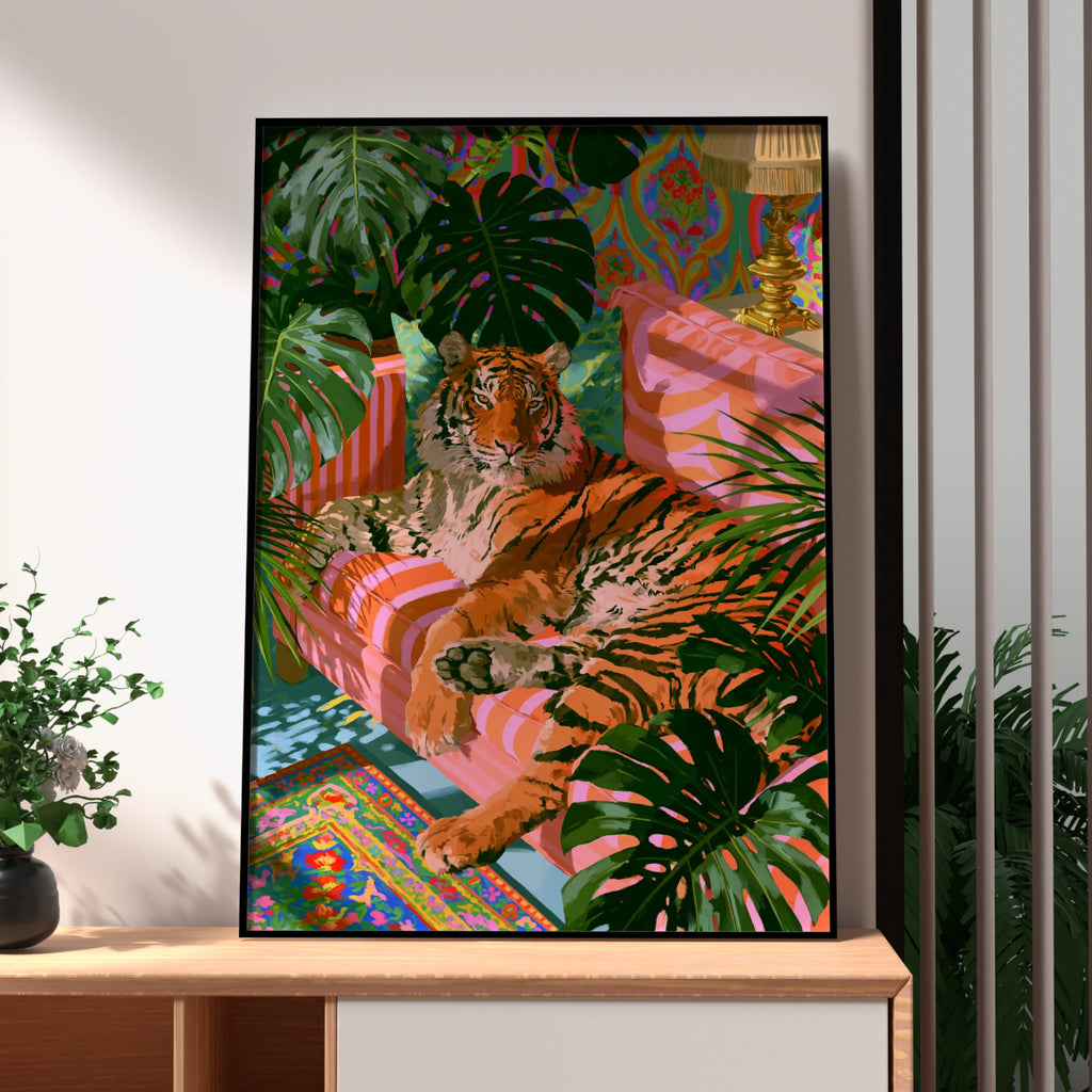Tiger on Sofa Tropical Plants Poster, Colourful Maximalist Wall Art Print