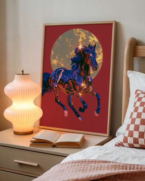 Chrome Horse Golden Sun Wall Art Poster, Red Bold Equestrian Print