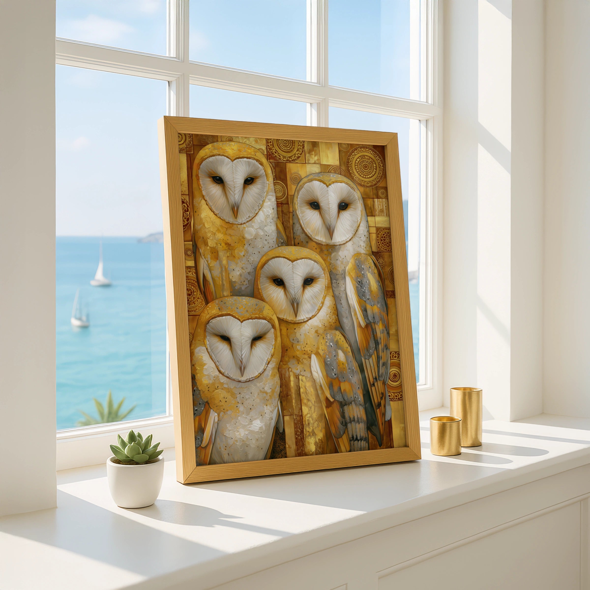 Barn Owls Poster, Golden Klimt Style Wall Art, Art Nouveau Bird Print