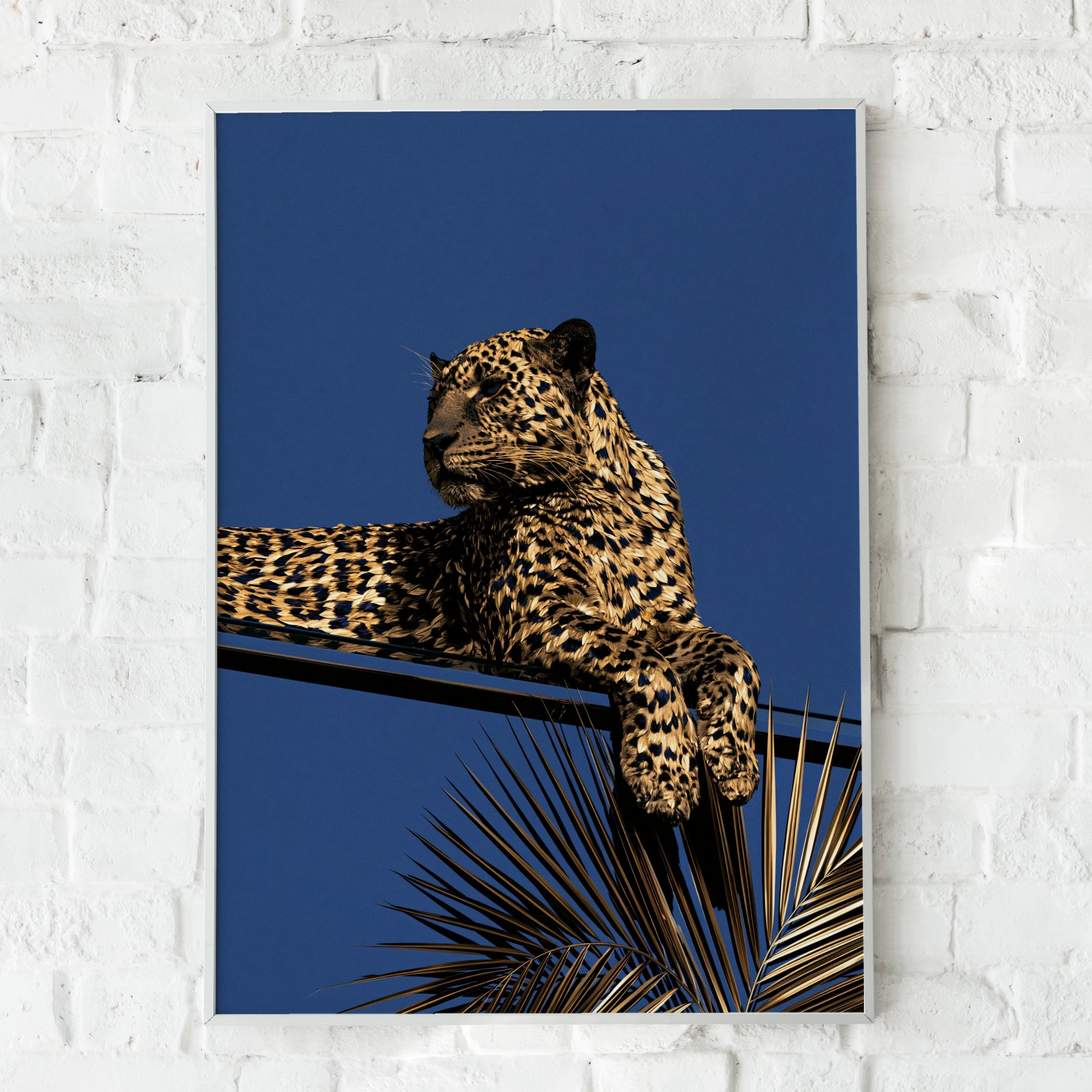 Gold Leopard Blue Sky Poster, Art Deco Wild Cat Print, Luxury Animal Wall Art