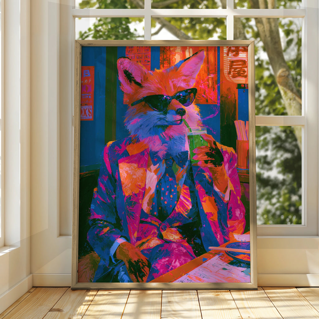Cool Fox in Japanese Bar Poster, Neon Anthropomorphic Art Print, Bold Colours