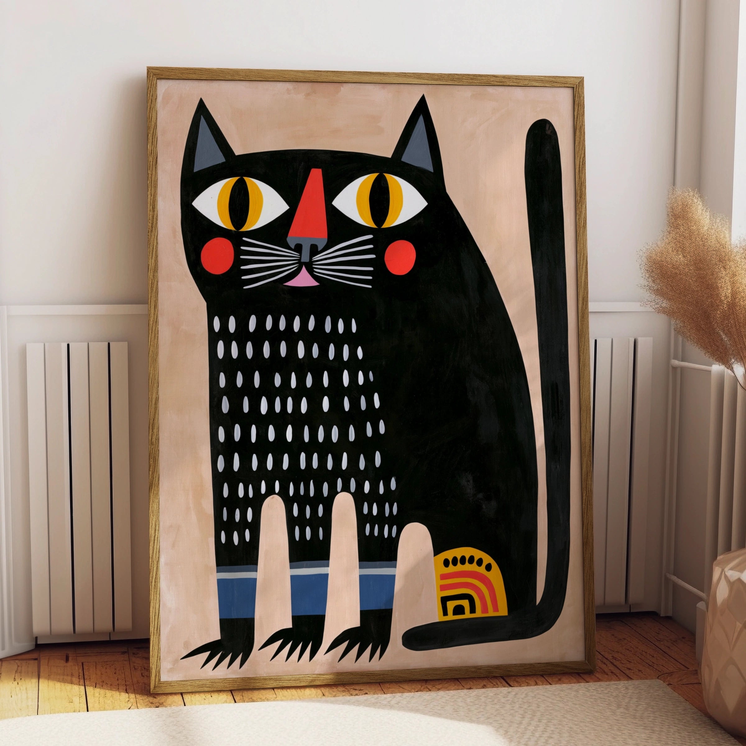Abstract Black Cat Poster, Bold Folk Art Print, Colourful Modern Wall Art