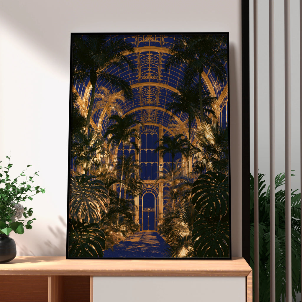 Glass House Botanical Interior Poster, Blue Gold Glasshouse Art Print