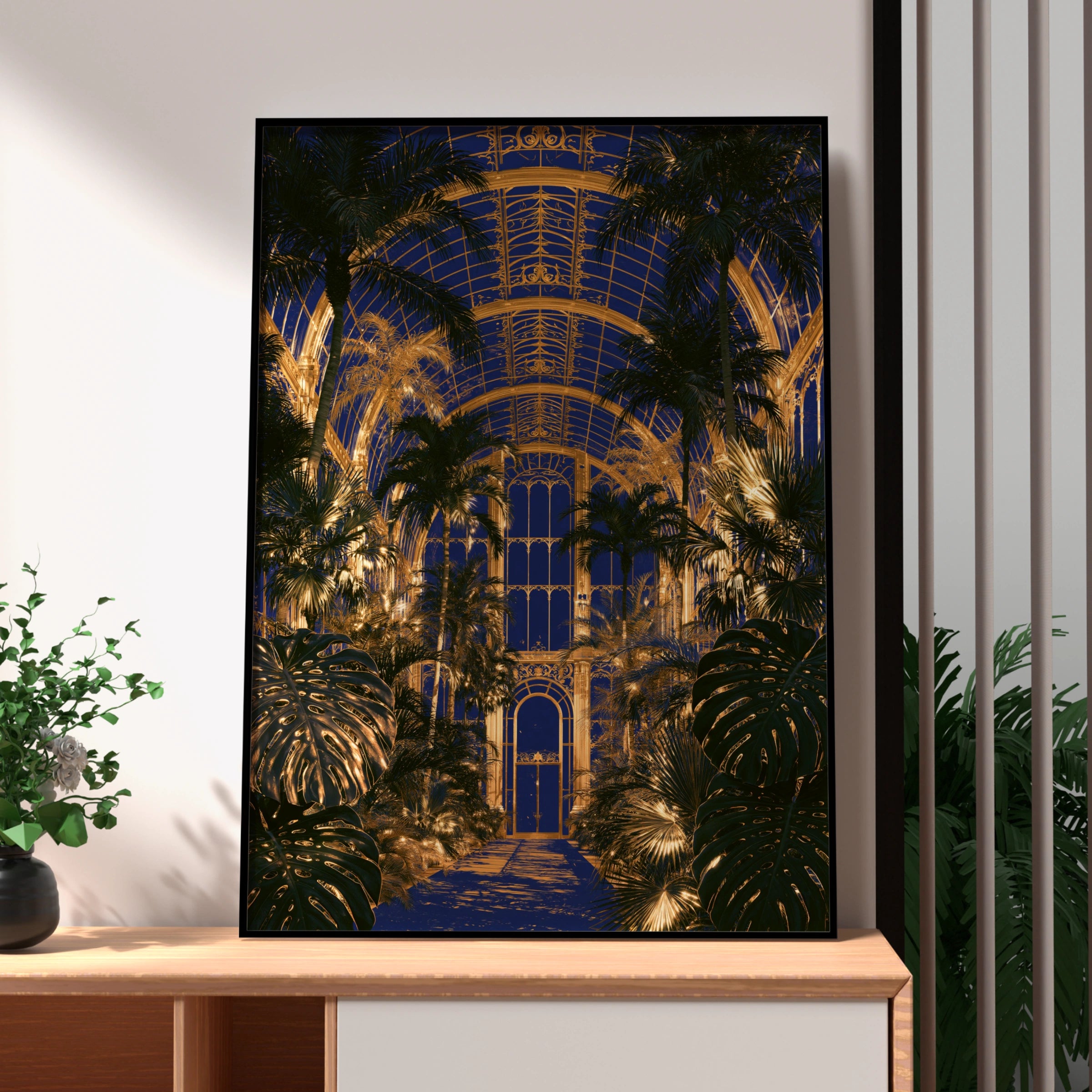 Glass House Botanical Interior Poster, Blue Gold Glasshouse Art Print