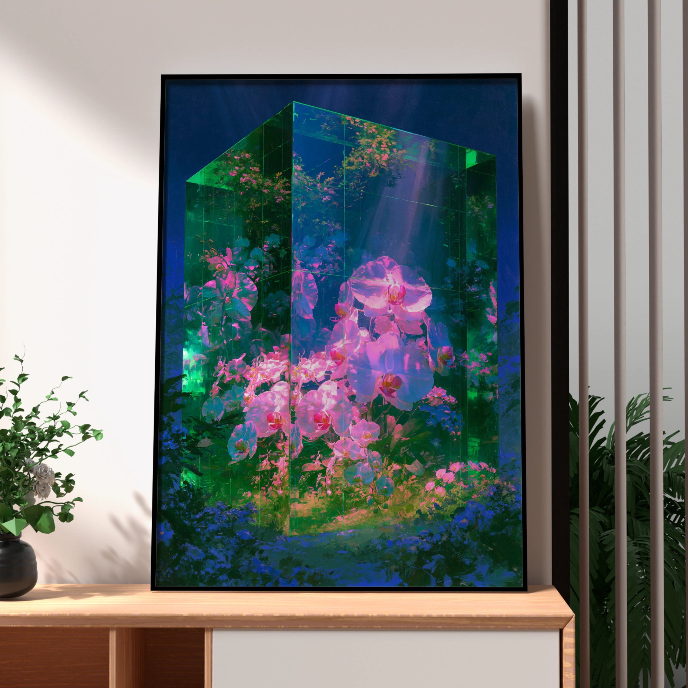 Emerald Glass Orchid Poster, Pink Flowers Fantasy Art Print, Botanical
