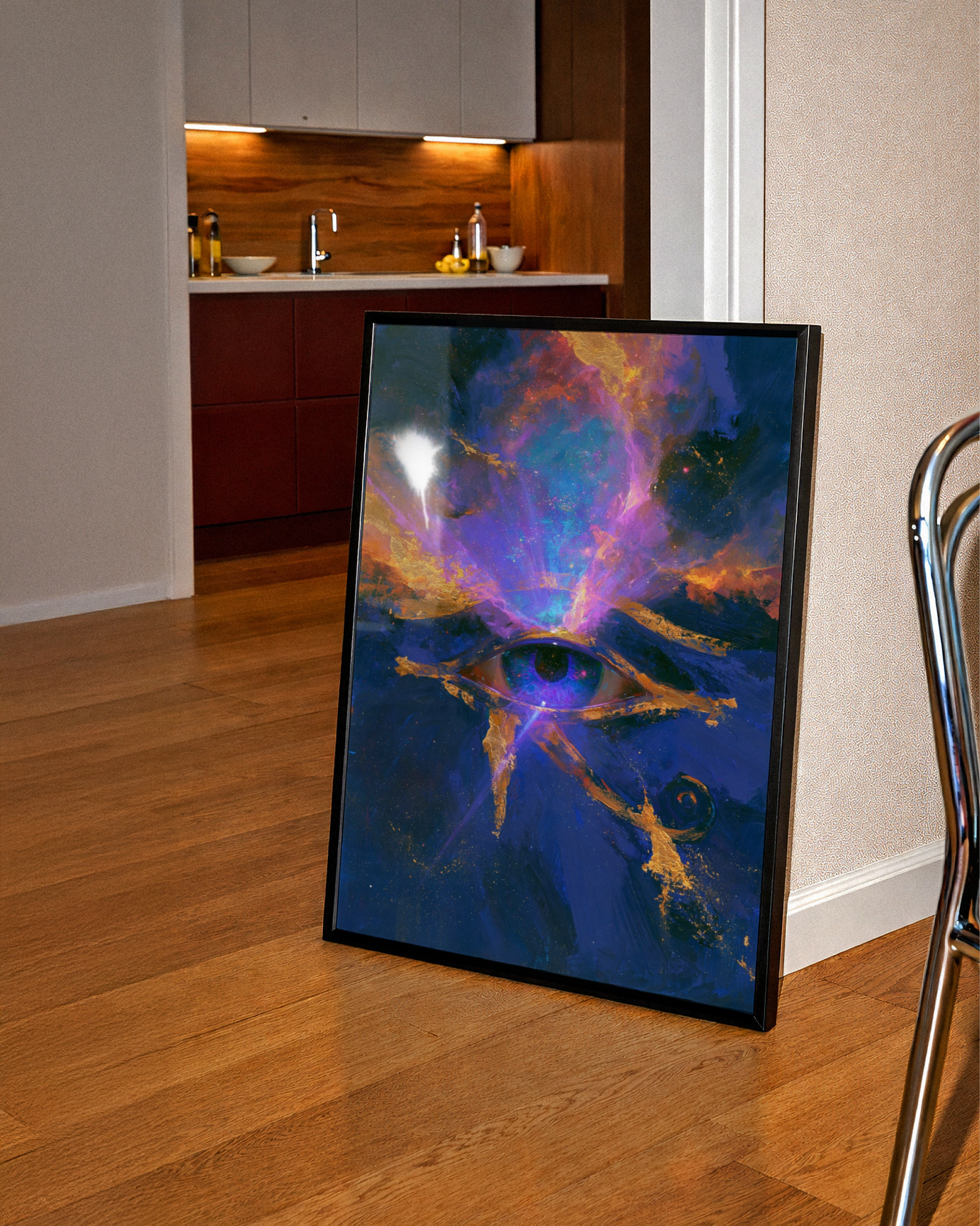 Eye of Horus Cosmic Poster, Egyptian Galaxy Wall Art, Mystic Gold Blue Print