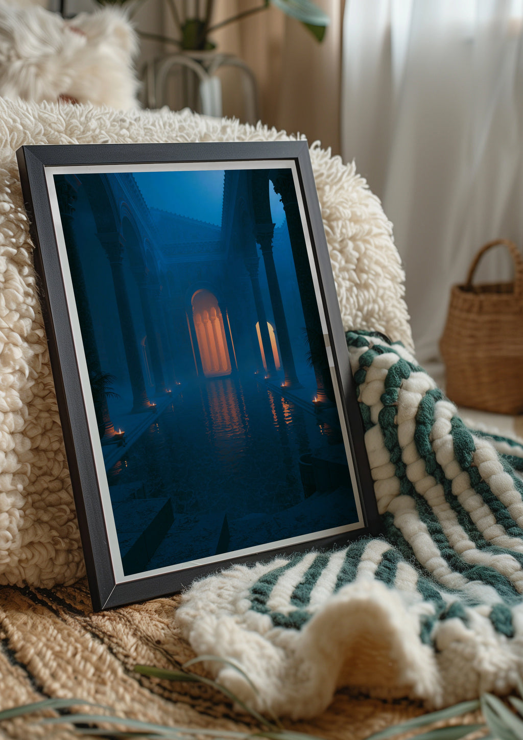 Roman Frigidarium Bath, Candlelit Architecture Poster, Dark Blue Atmospheric Art