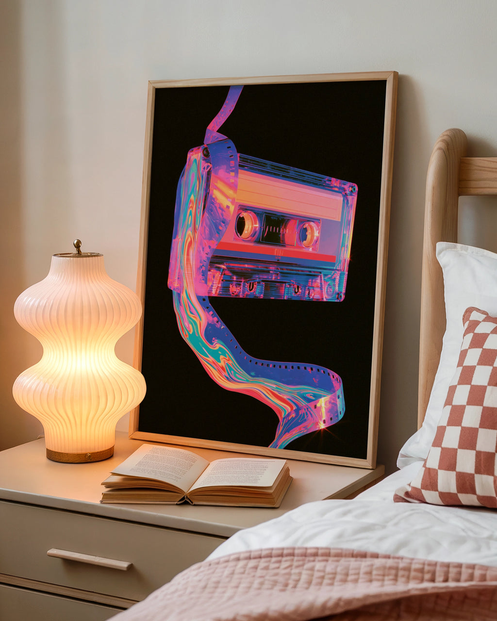 Retro Cassette Tape Poster, Neon 80s Wall Art, Synthwave Music Print