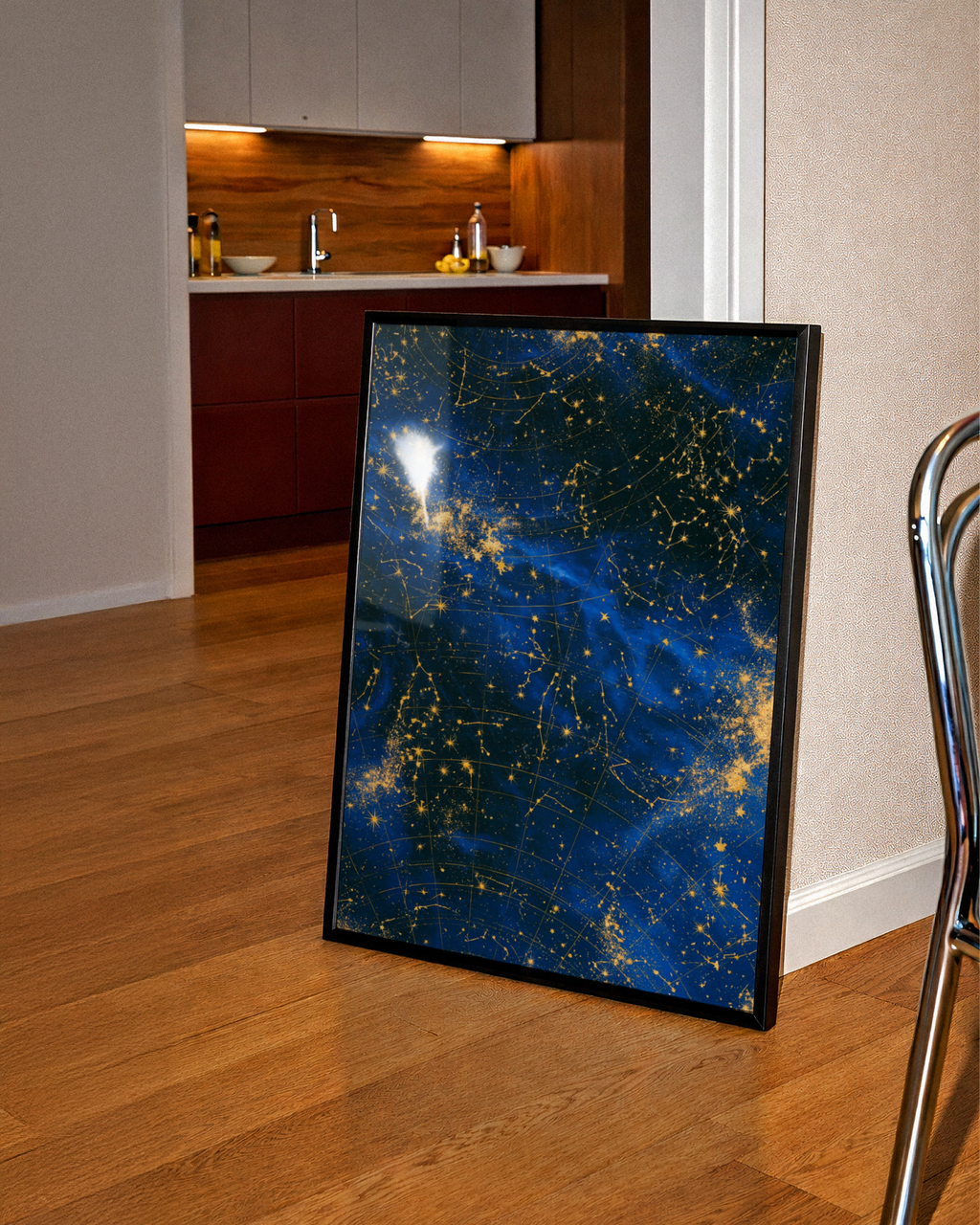 Star Galaxy Constellation Map Poster, Navy Blue Gold Night Sky Wall Art Print