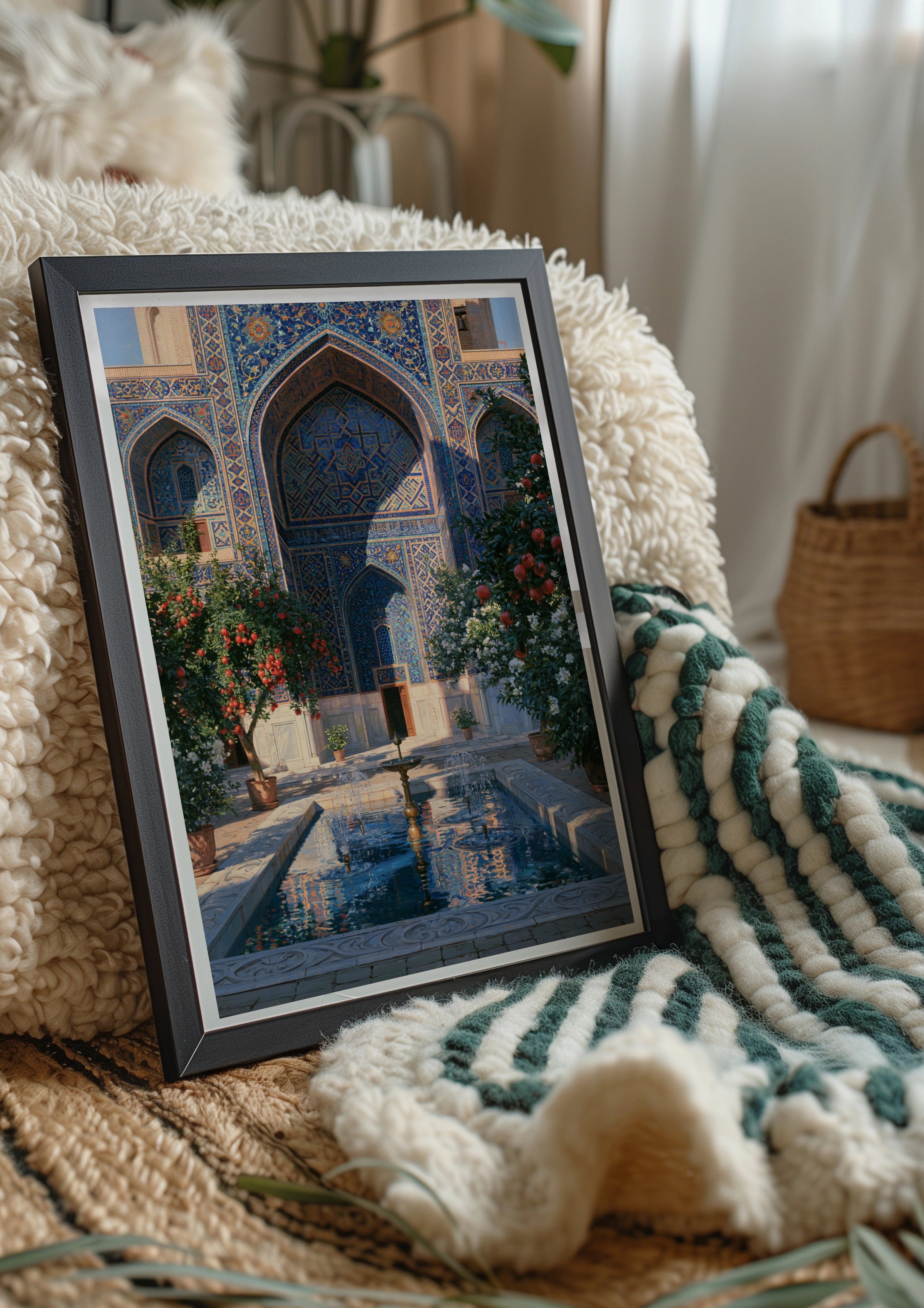 Uzbekistan Courtyard Poster, Islamic Architecture, Blue Tile Wall Art