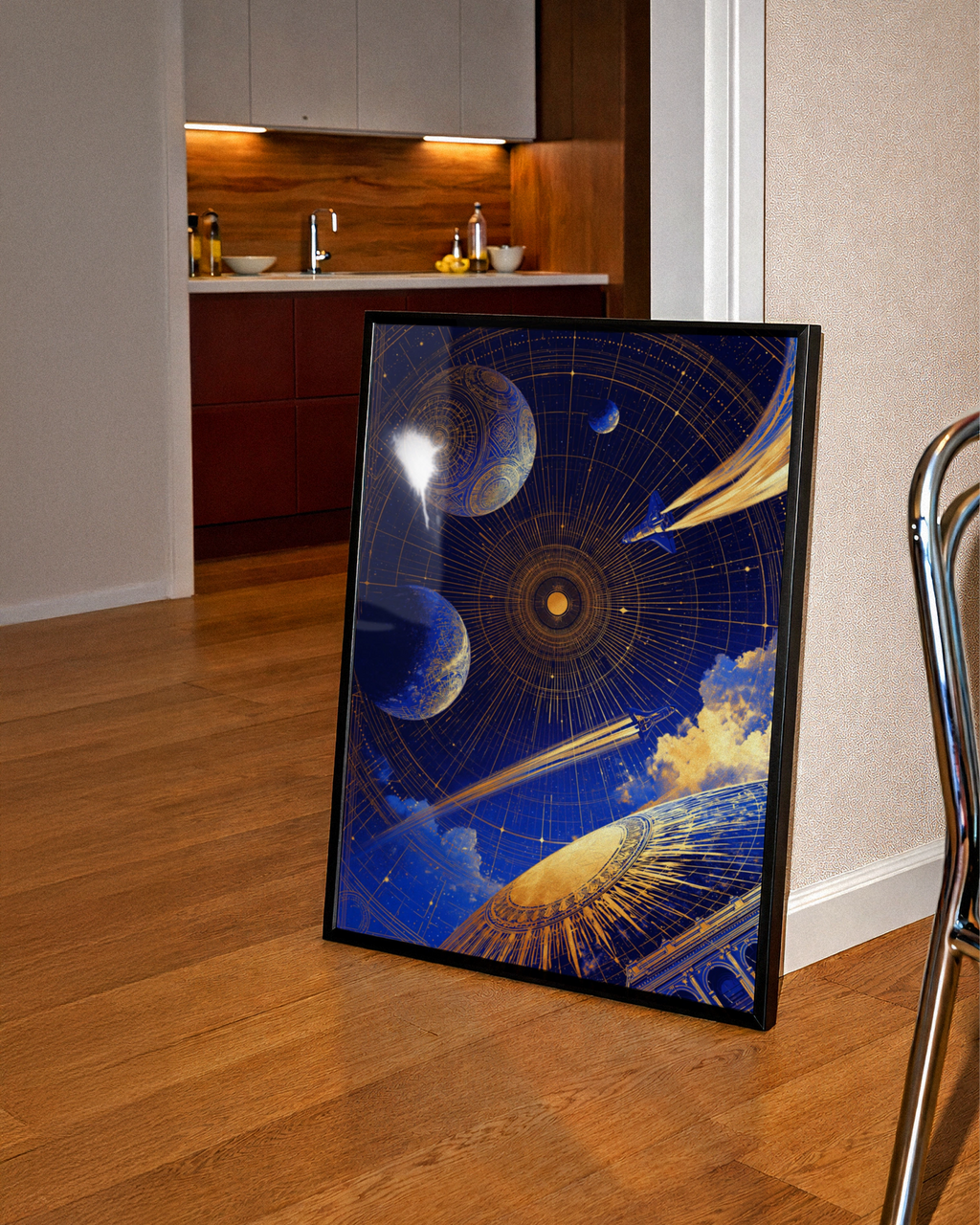 Celestial Space Sky Poster, Blue Gold Galaxy Print, Cosmic Art