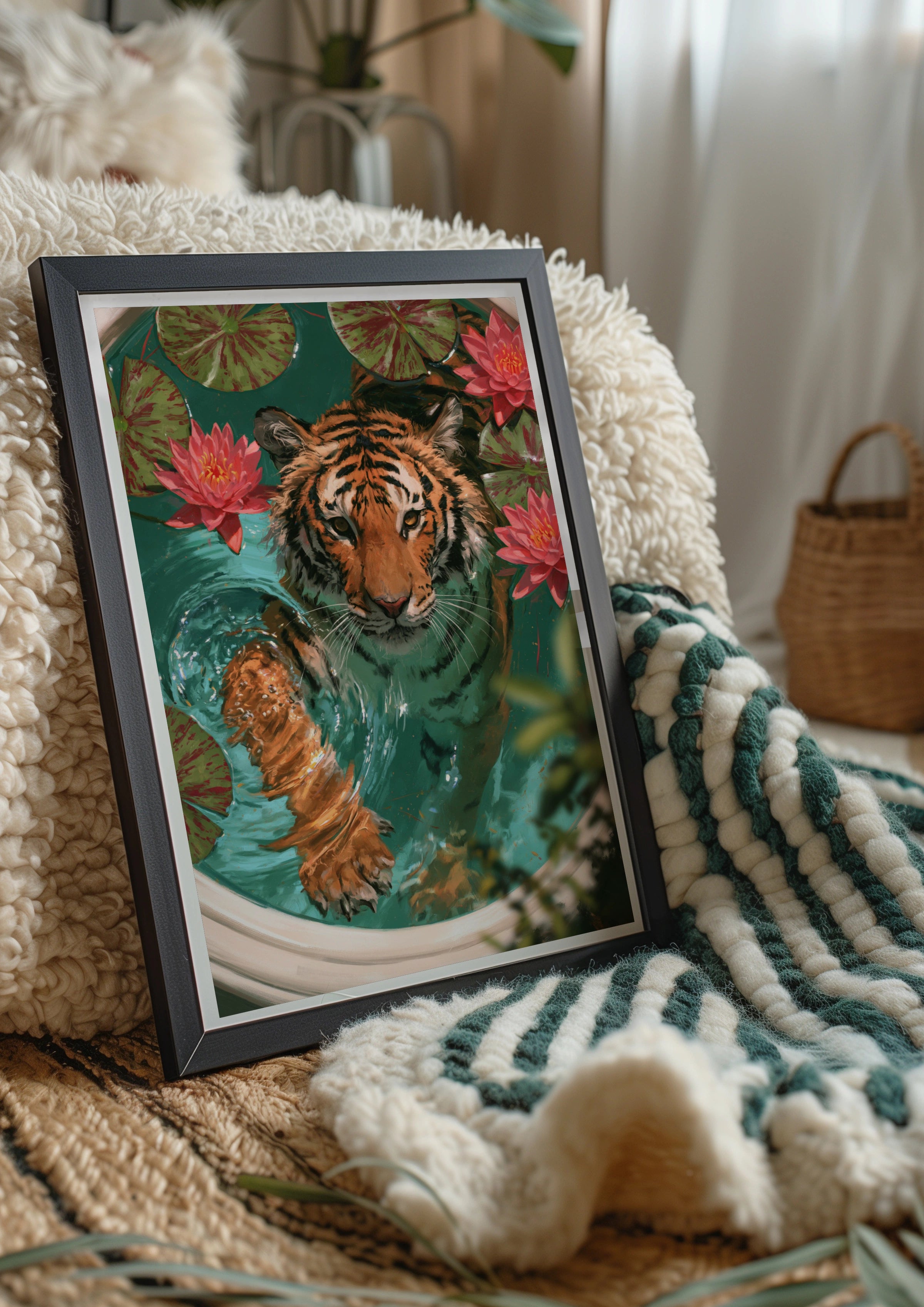 Tiger in Bath with Lotus Flowers Poster, Wildlife Art Print, Botanical