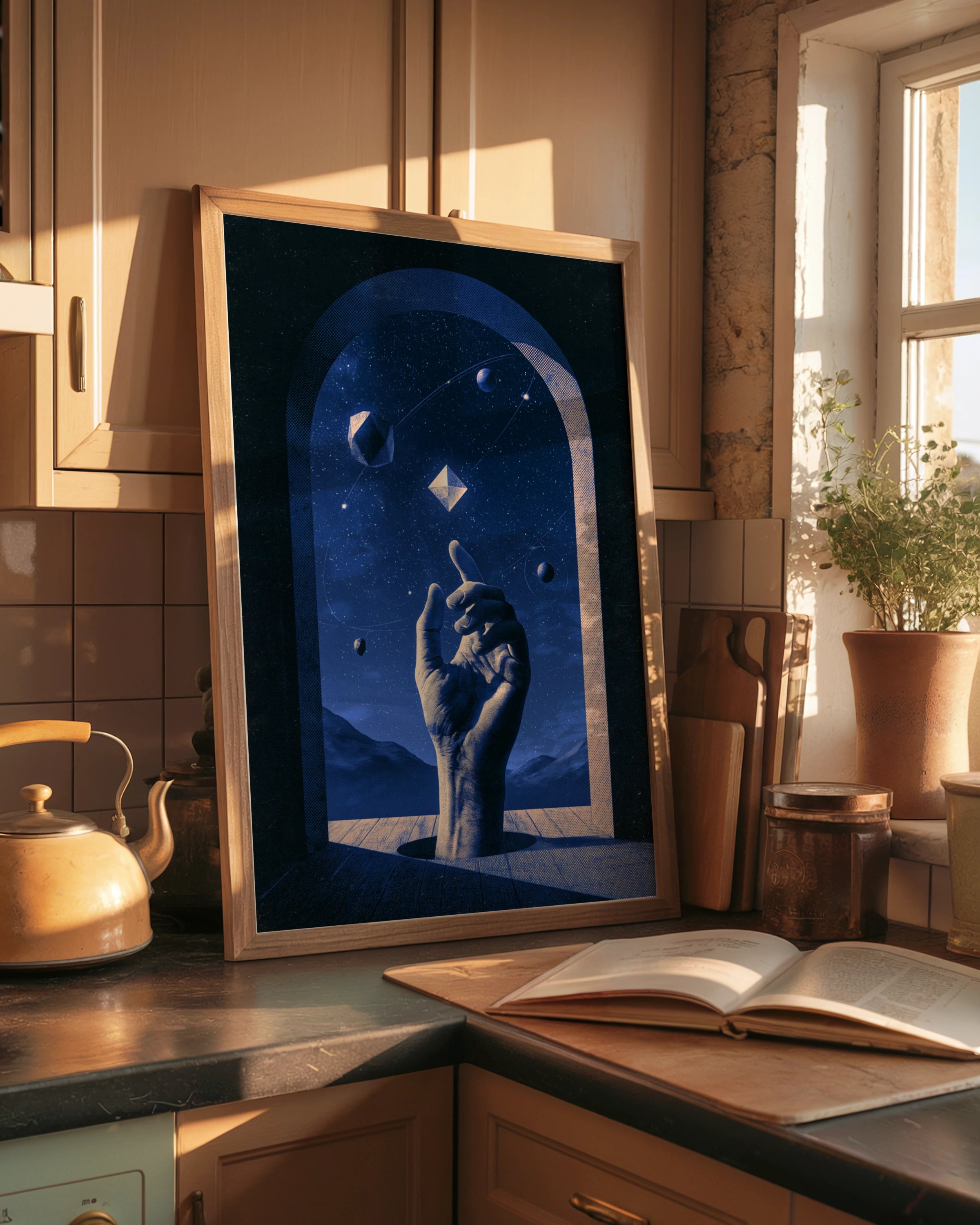 Cosmic Hand Universe Poster, Blue Surreal Space Art, Geometric Stars Print