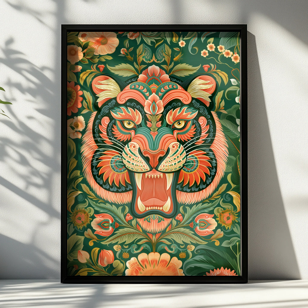 Tiger Asian Floral Pattern Poster, Ornate Folk Art Print, Botanical Wall Art