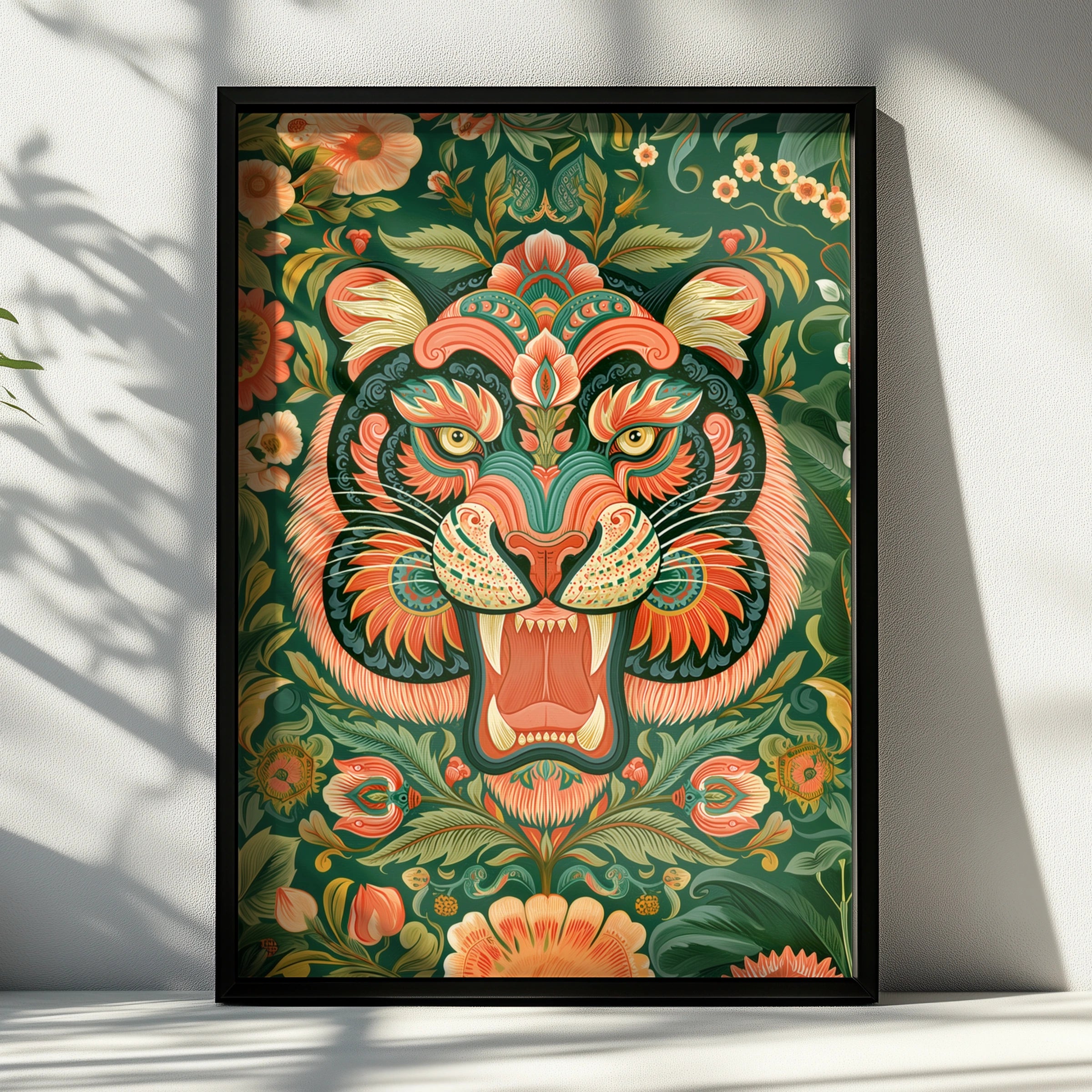 Tiger Asian Floral Pattern Poster, Ornate Folk Art Print, Botanical Wall Art