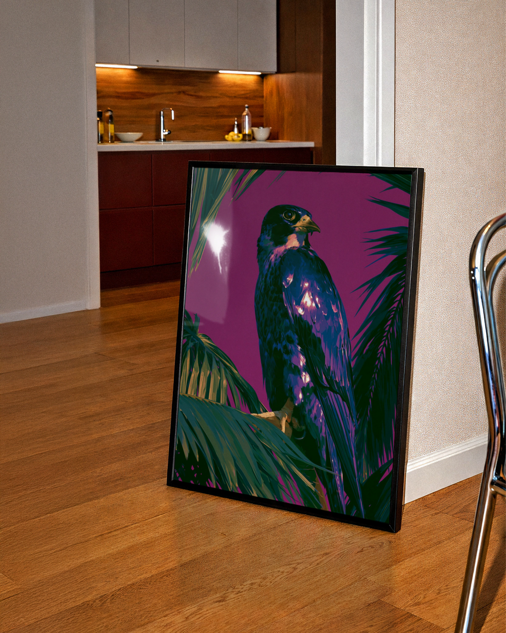 Falcon Purple Wall Art Poster, Bird of Prey Print, Tropical Illustrated Style