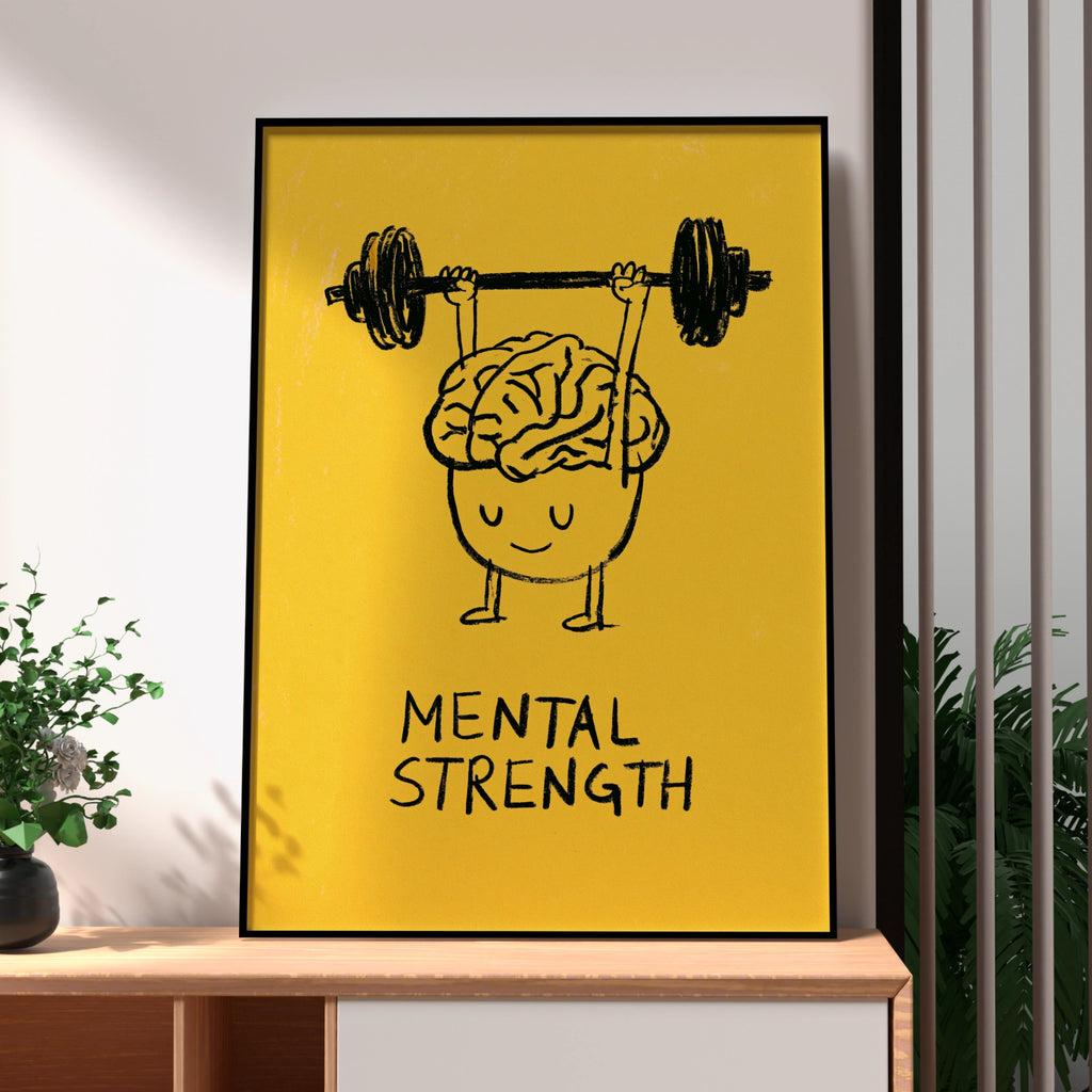 Mental Strength Brain Weightlifting Poster, Motivational Wall Art, Yellow Bold Print