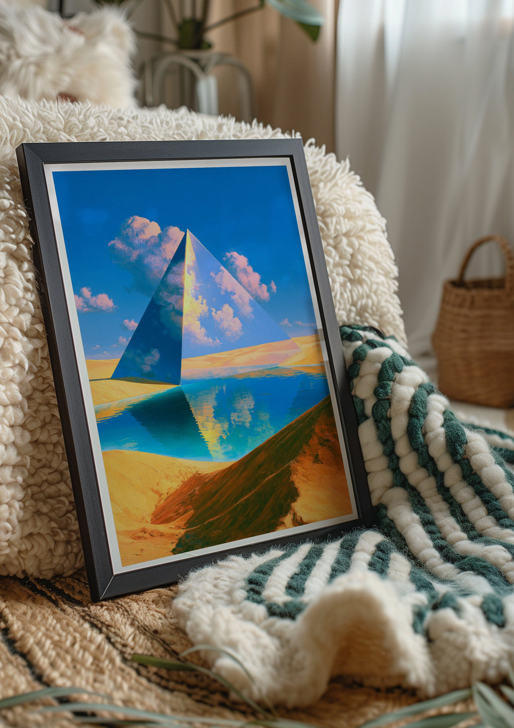 Glass Pyramid Desert Oasis Poster, Surreal Landscape, Vibrant Blue Wall Art