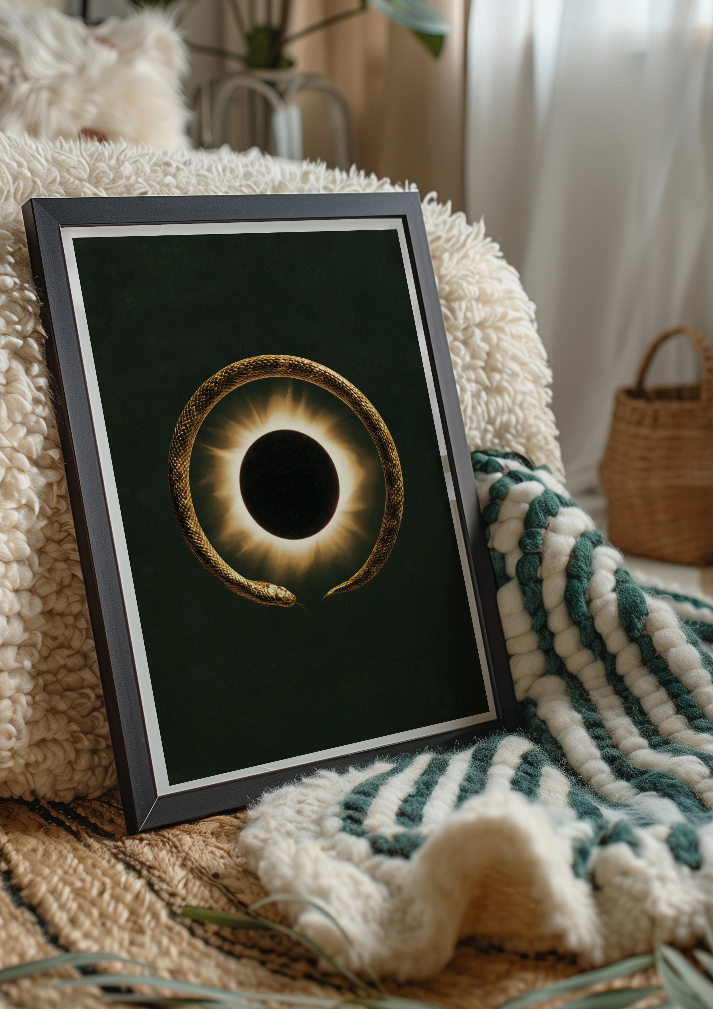 Ouroboros Snake Eclipse Poster, Gold Serpent Wall Art, Dark Mystical Print