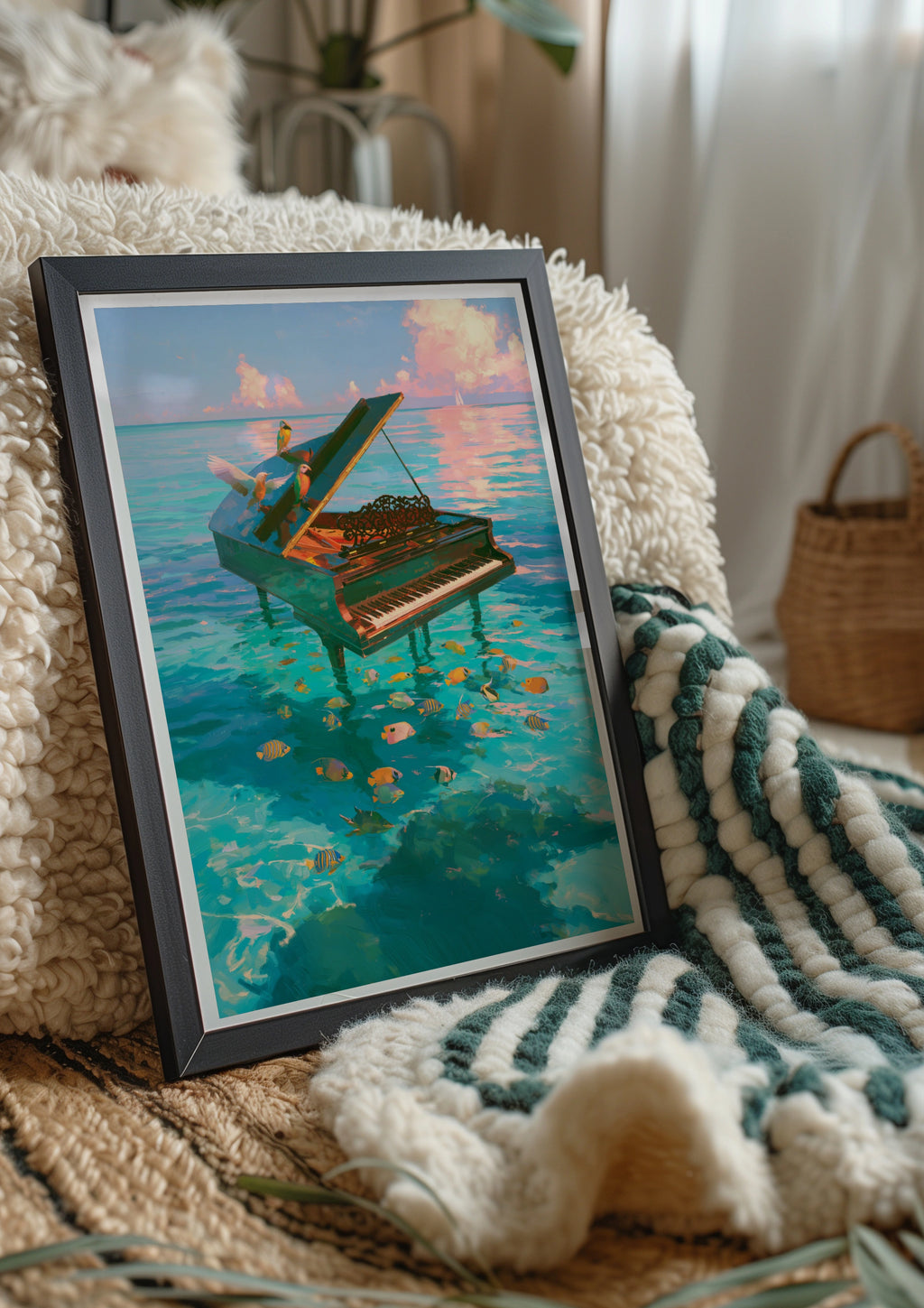 Piano in the Ocean Poster, Tropical Fish Birds Sea Art Print, Surreal