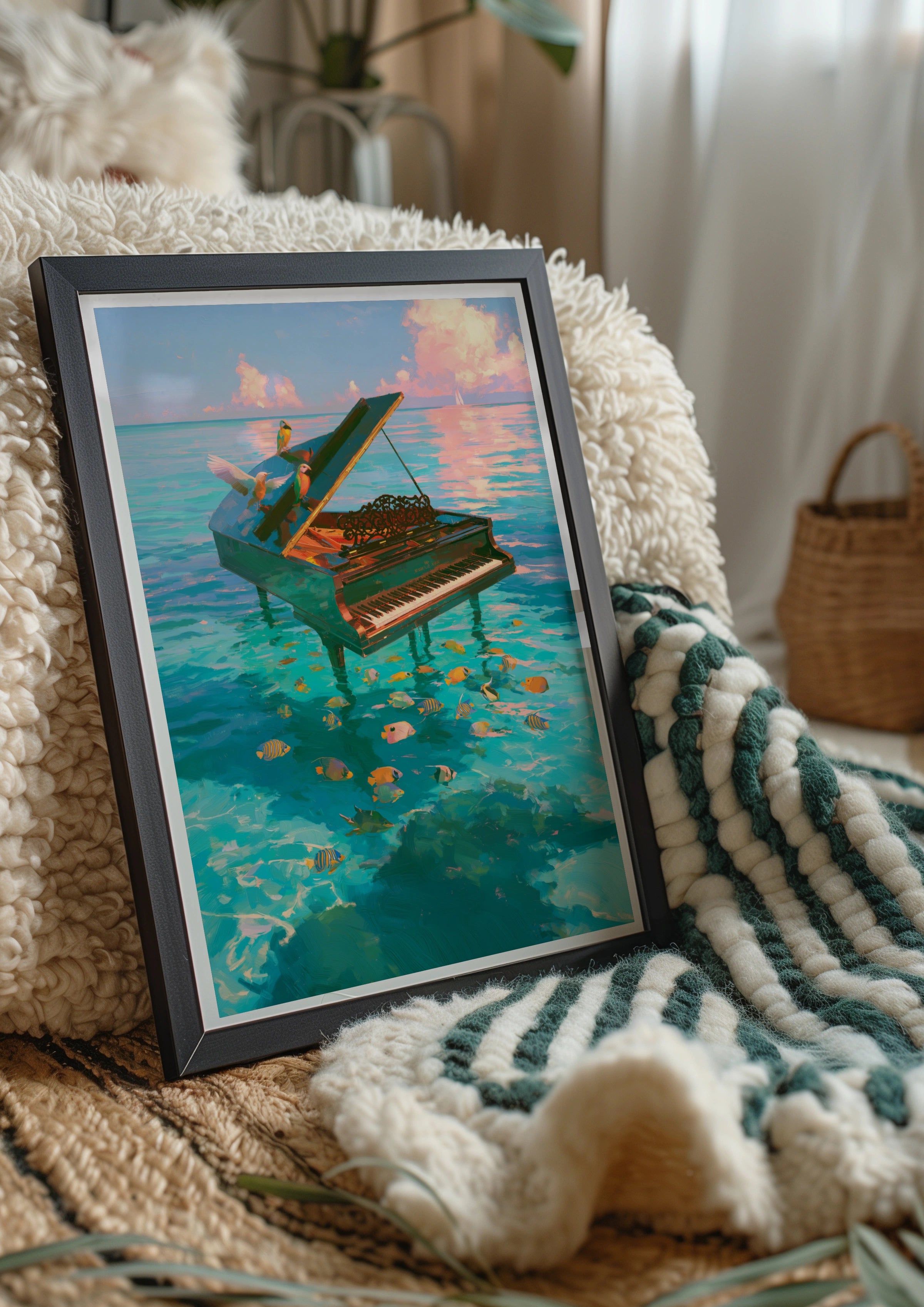Piano in the Ocean Poster, Tropical Fish Birds Sea Art Print, Surreal